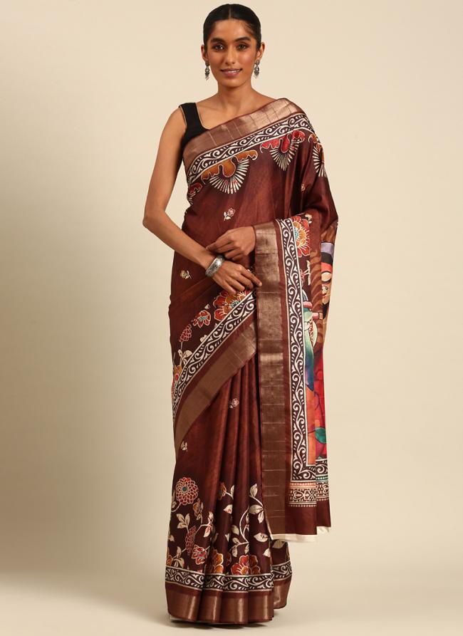 Cotton Brown Traditional Wear Printed Saree